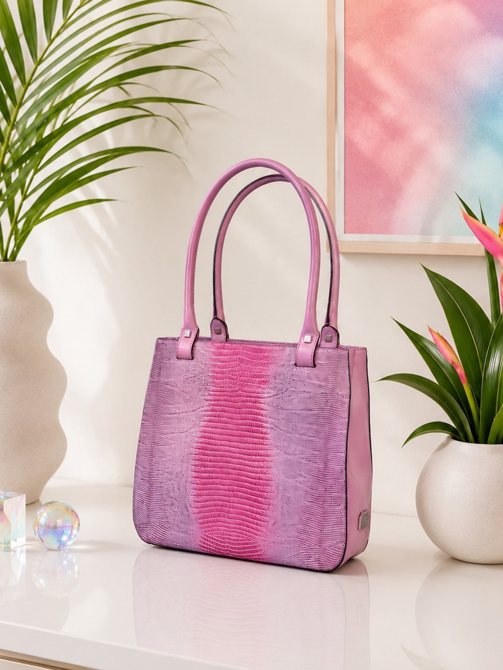 RARE Salvatore Ferragamo Pink Tejus Lizard & Leather Vintage Structured Tote Bag
